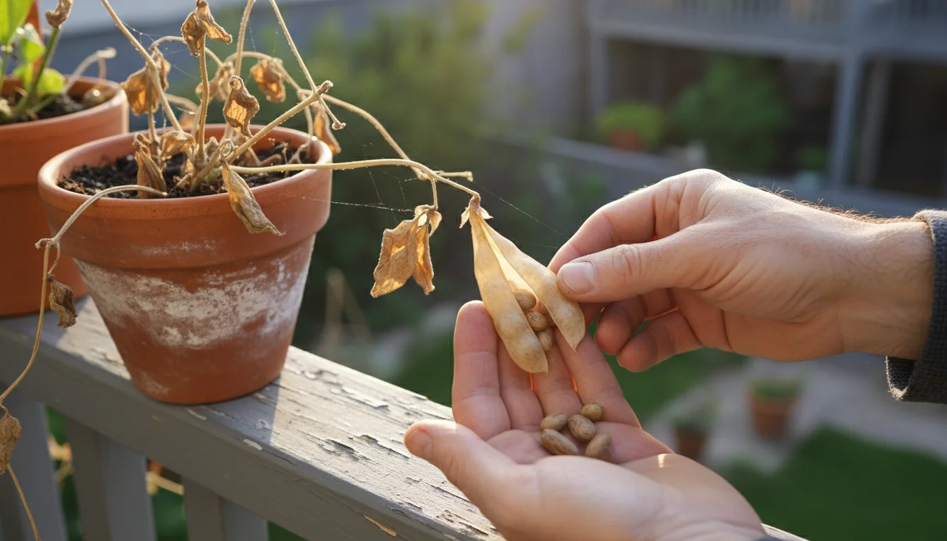 A gardener's hands open a dried bean pod on a plant in a terracotta pot on a sunny balcony railing.