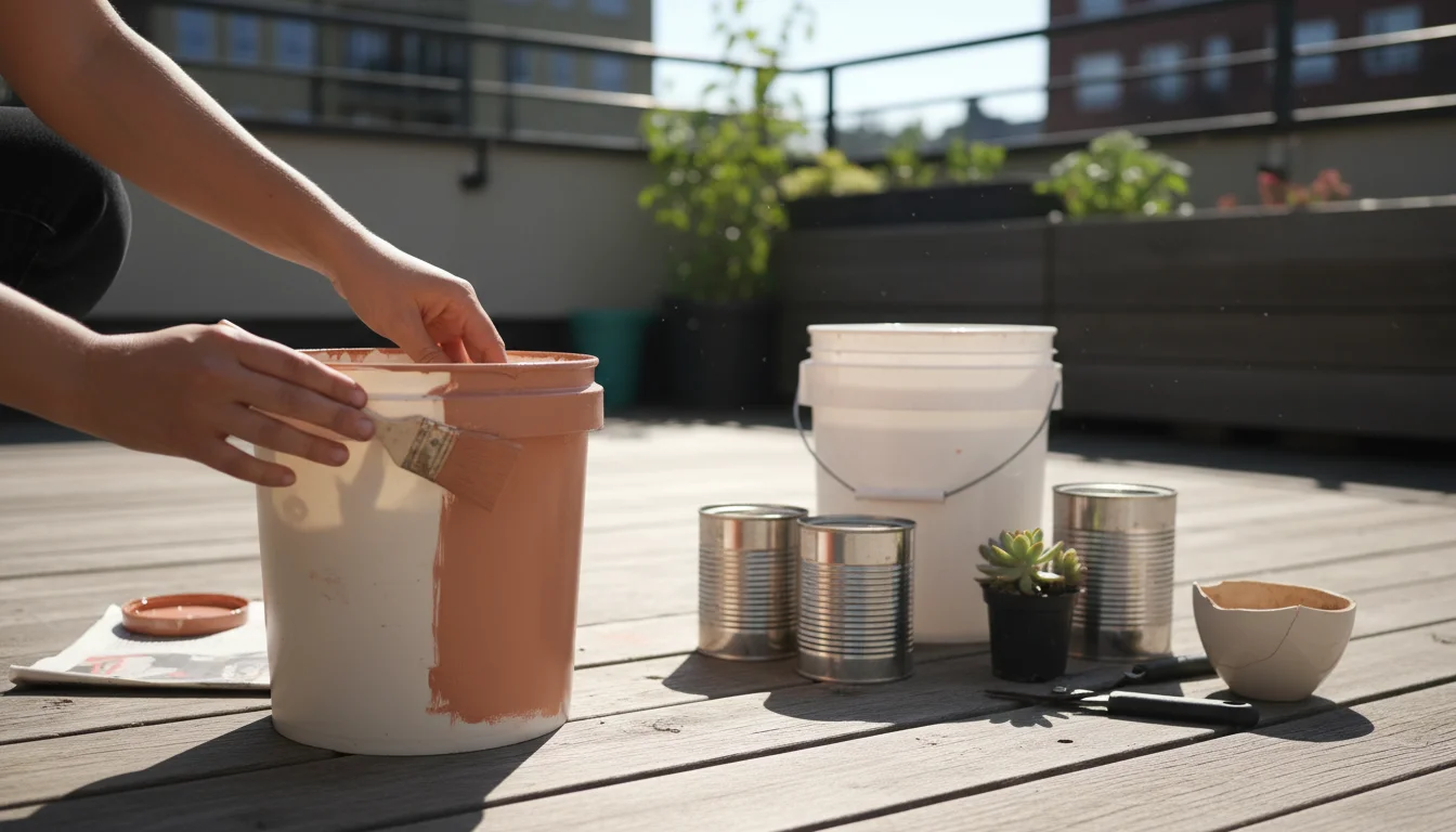 A gardener's hands paint an upcycled plastic container terracotta on a sunny patio, surrounded by other used items like coffee cans and milk jugs.