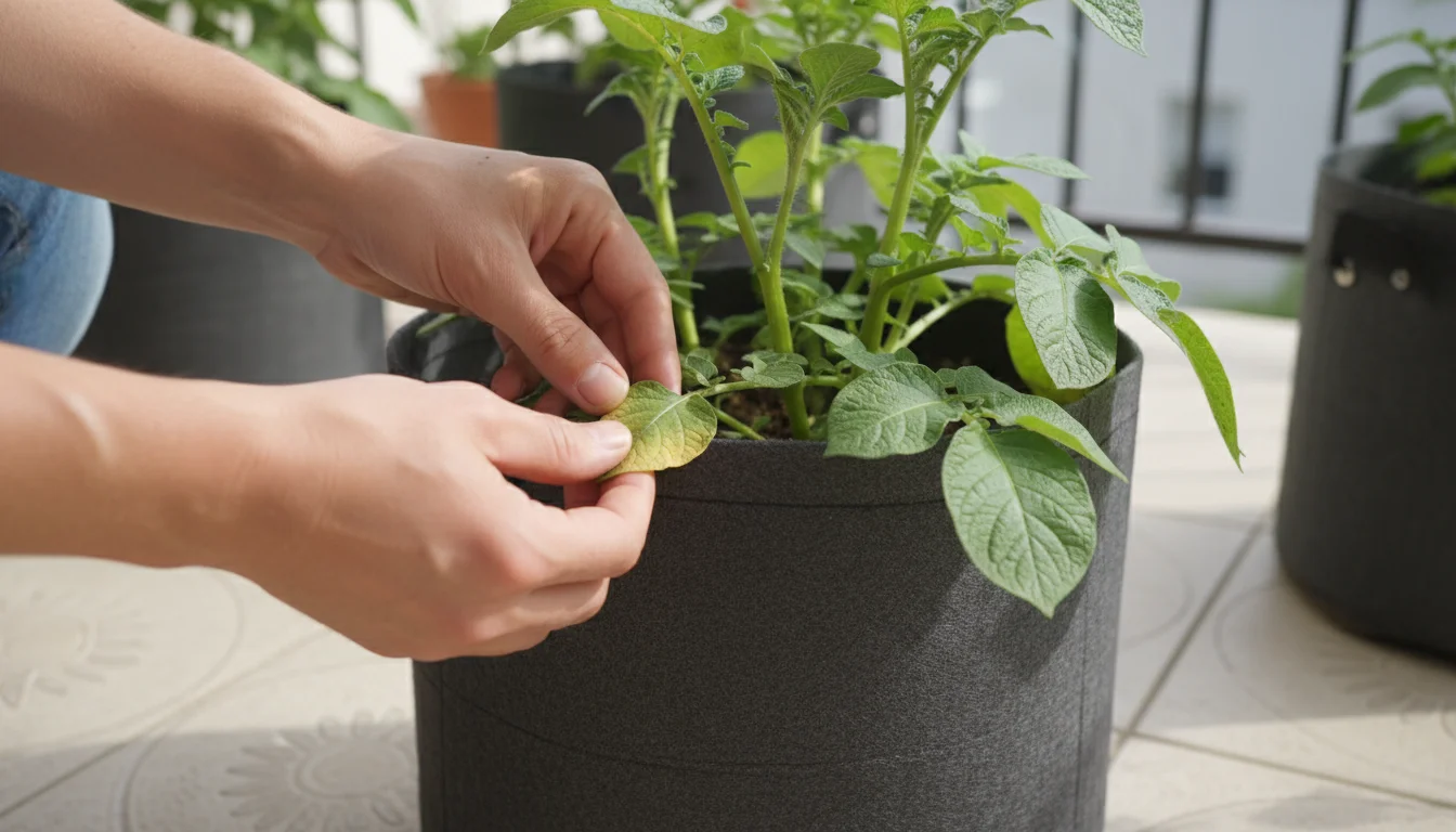 A gardener's hands gently part the leaves of a potato plant in a fabric grow bag on a balcony, revealing a subtly yellowed leaf.
