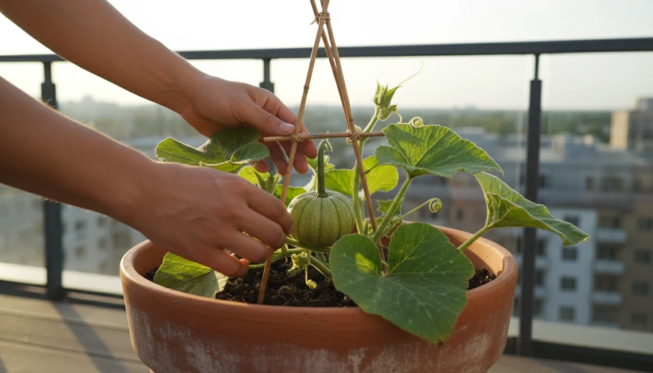 Gardener's hands part pumpkin leaves in a terracotta pot, revealing a small green gourd.