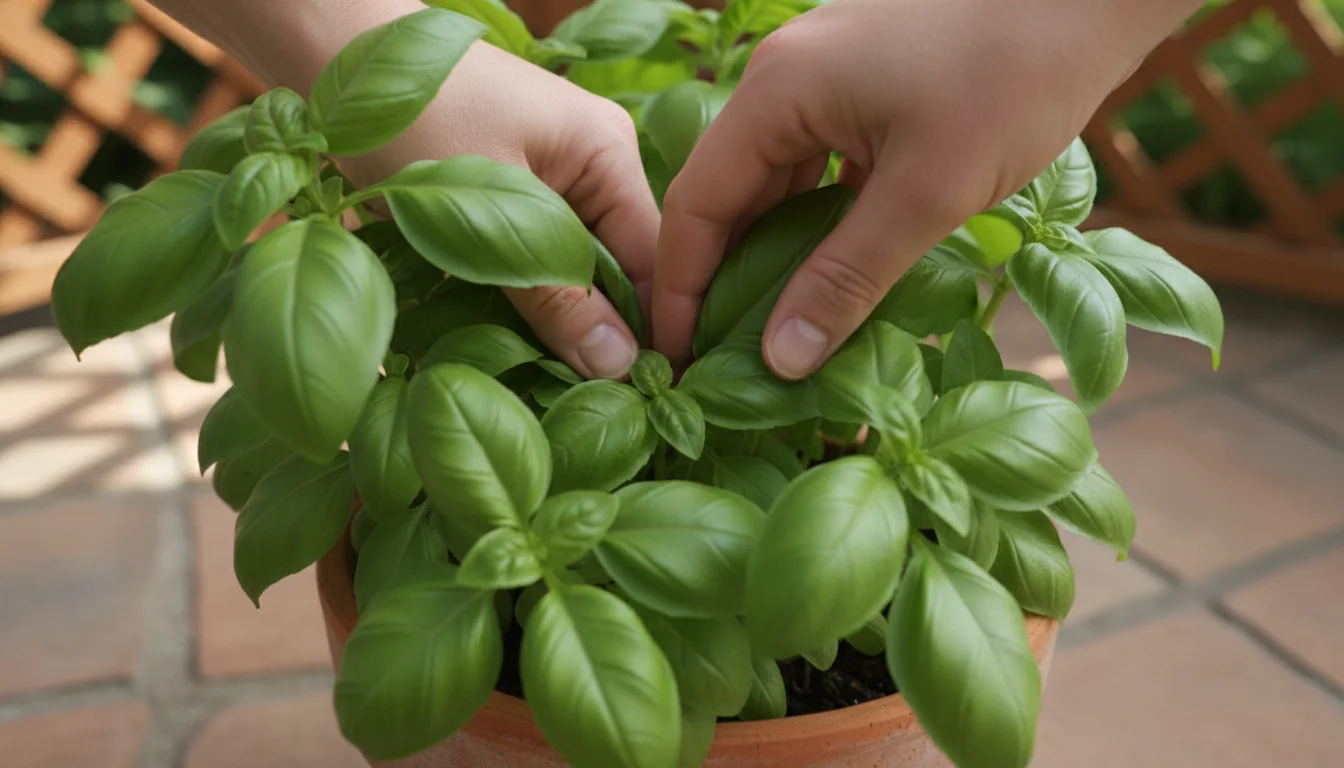 Close-up of a gardener's hands gently parting dense basil leaves in a pot, inspecting the leaf undersides and stem axils. Soft, natural light.