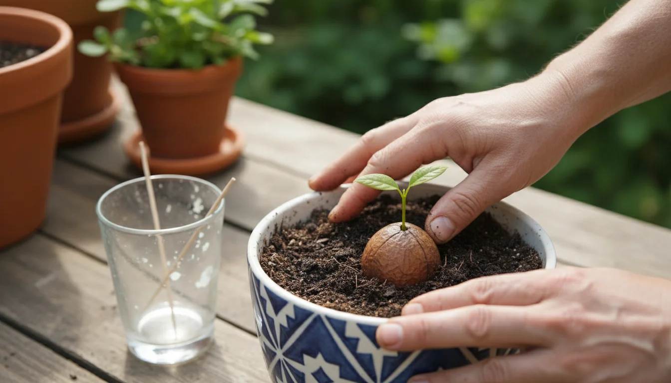 Gardener's hands gently pat soil around a newly planted avocado seedling in a ceramic pot. The top of the pit is exposed. A glass with toothpicks is n