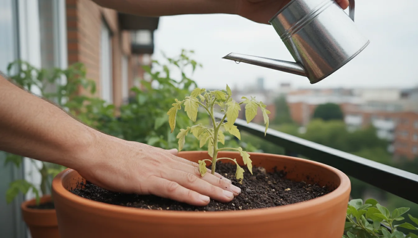 Gardener's hands pausing with a watering can over a slightly droopy container plant with visibly dark, saturated soil, subtle fungus gnats hovering.