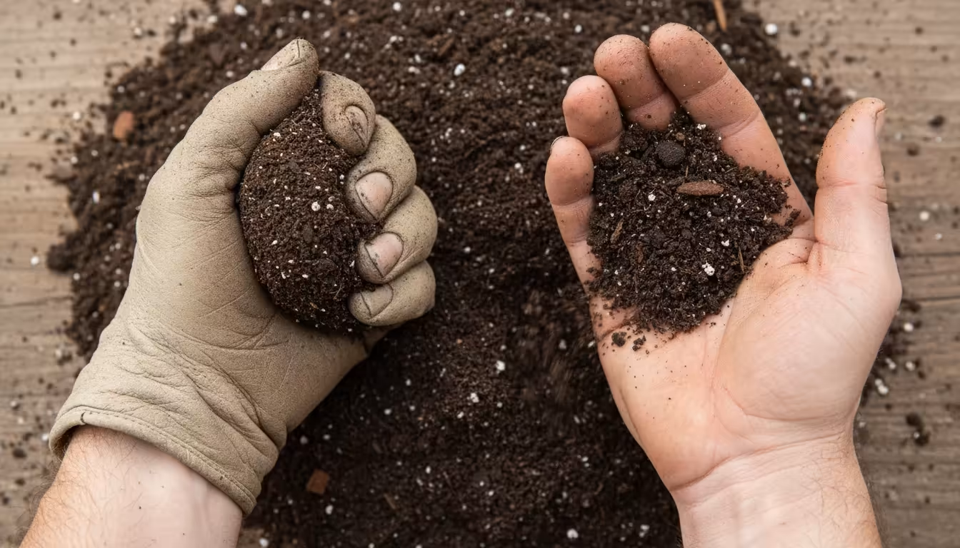 A gardener's hands perform a squeeze test on dark potting mix, forming a moist, cohesive ball in one hand, loose soil in the other.