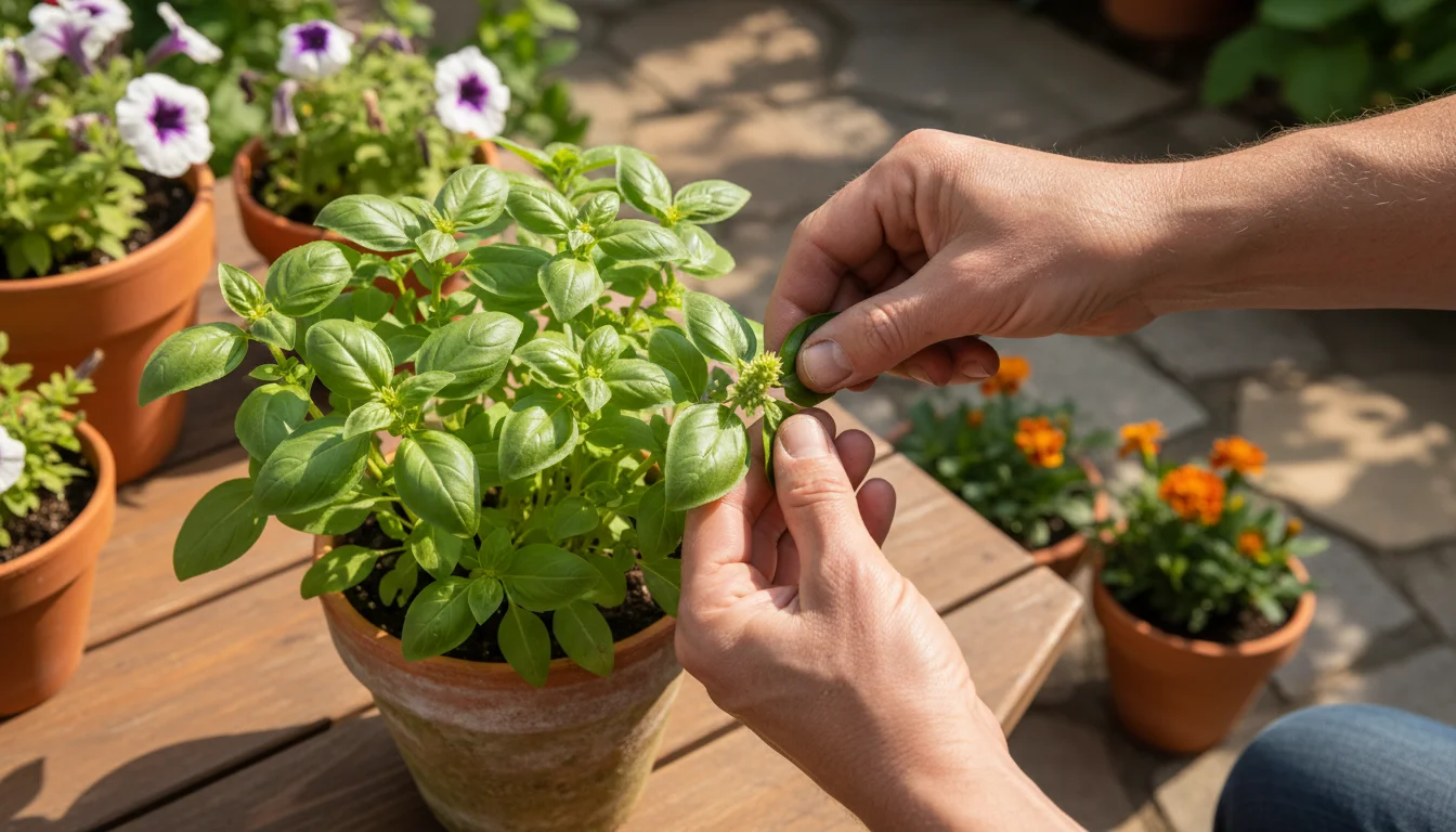 A gardener's hands pinch back vibrant basil in a terracotta pot on a sun-dappled patio, with other container plants in soft focus.
