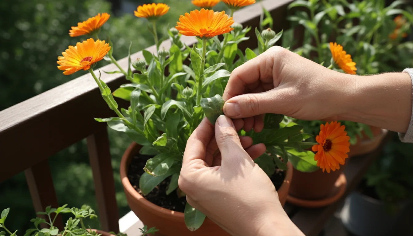 A gardener's hands gently pinch a slightly chewed leaf from a vibrant potted calendula, demonstrating pesticide-free care on a balcony.