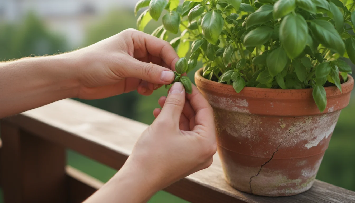Gardener's hands gently pinch a few vibrant basil leaves from a healthy plant in a terracotta pot on a balcony, illustrating light harvesting.