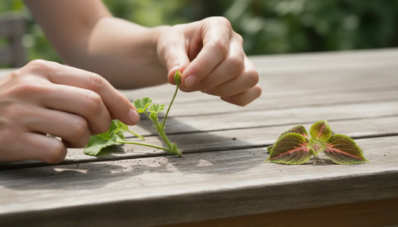 A gardener's hands pinch a flower bud from a geranium cutting, revealing a stripped stem on a rustic patio table with discarded leaves.