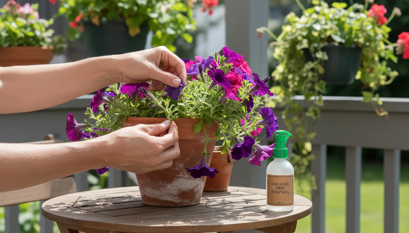 A gardener's hands pinch leggy petunias in a terracotta pot on a sunny patio, subtly checking leaves for pests, with an organic spray bottle nearby.