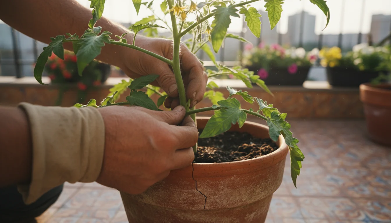 A gardener's hands carefully pinch a small sucker from a healthy tomato plant growing in a terracotta pot on a sunny balcony.