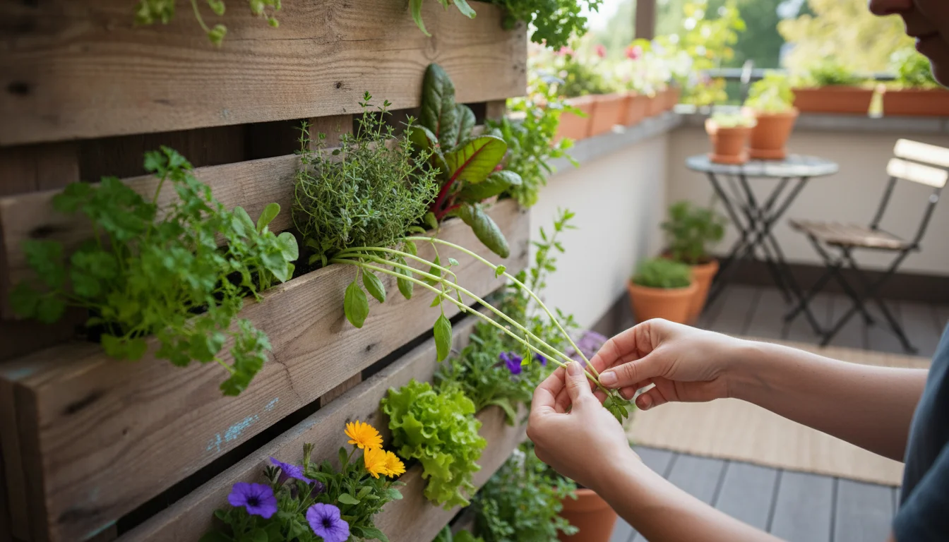 Gardener's hands pinching basil from a weathered wooden vertical pallet garden, showing pruning action on a small patio.