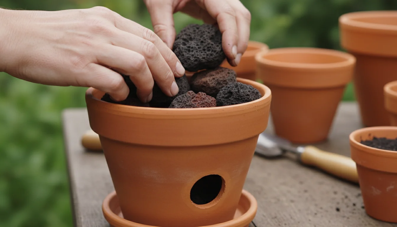 Gardener's hands place chunky lava rocks into the bottom of a terracotta pot with a large drainage hole; blurred succulent soil and Echeveria in backg