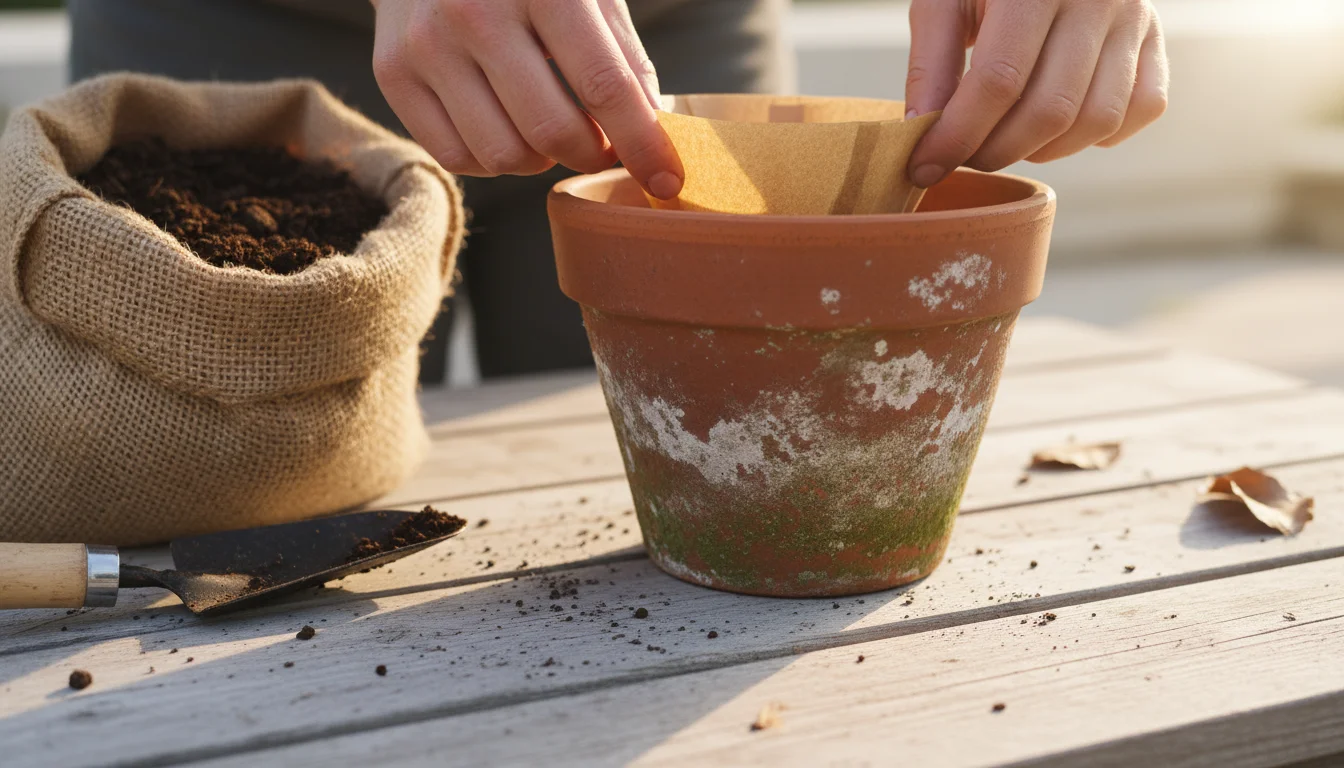 A gardener's hands place a coffee filter over the drainage hole inside a terracotta pot, with potting mix nearby.