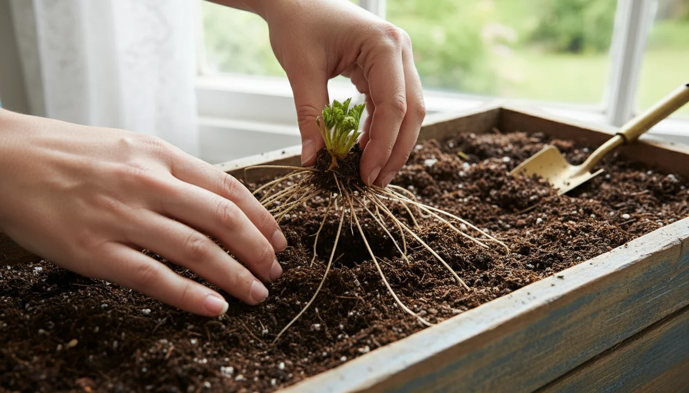 A gardener's hands gently place a dormant bare-root strawberry, its fine roots visible, into dark soil within a rustic wooden window box.