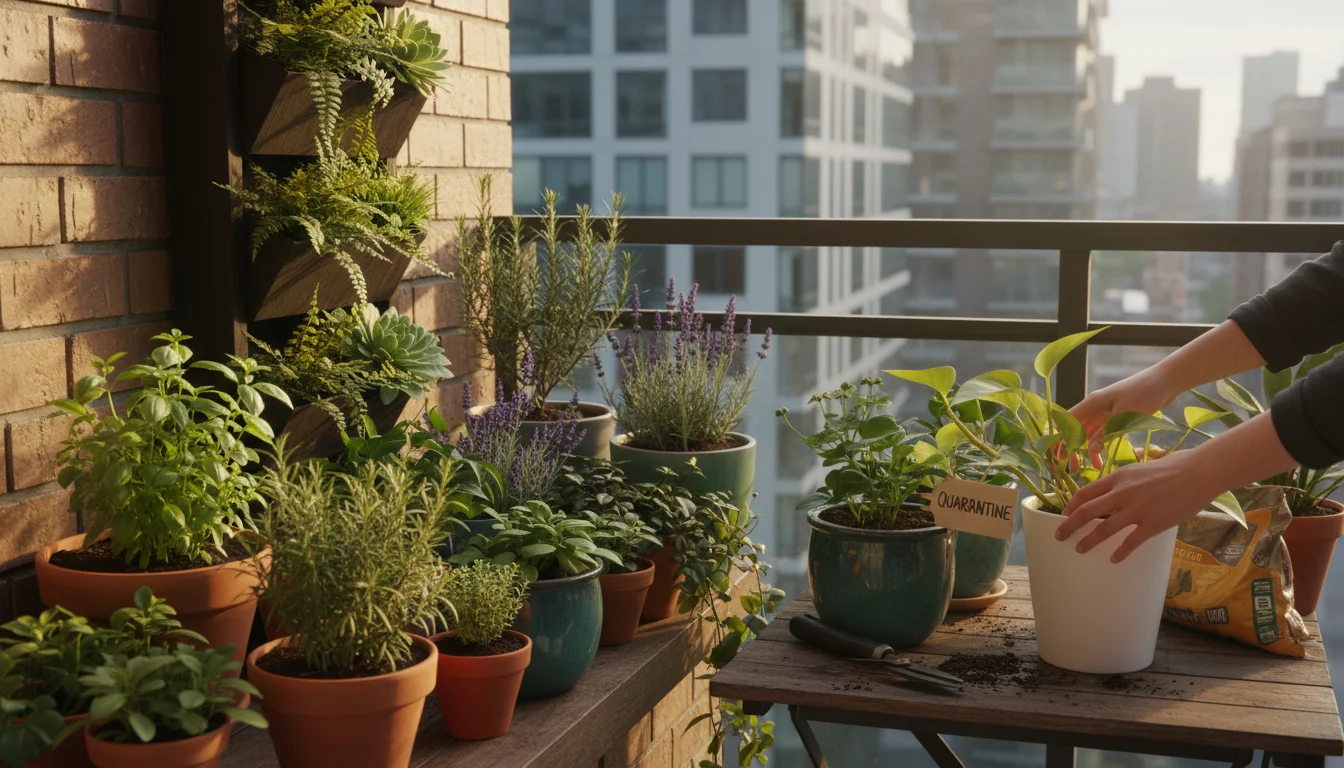 A gardener's hands gently place a healthy Pothos plant in a white pot onto a wooden plant stand amongst other vibrant container plants on a sunny balc