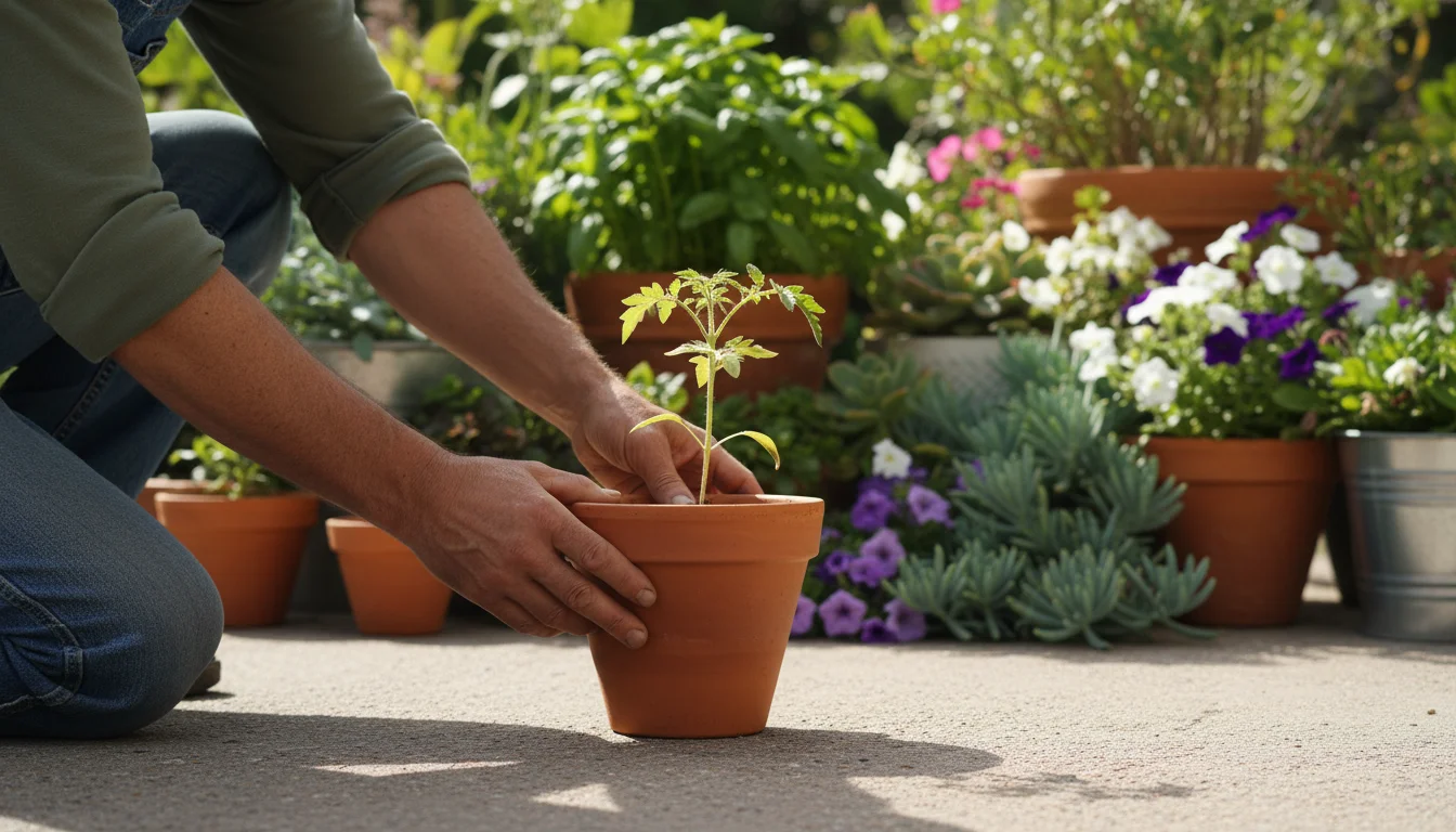 A gardener's hands gently place a yellowing tomato plant in a clay pot onto a separate patio spot, away from other healthy plants.
