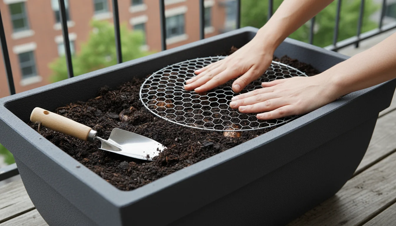 Gardener's hands placing galvanized chicken wire inside a modern container pot on a balcony to protect bulbs.