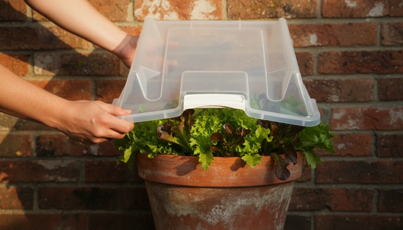 Gardener's hands placing a clear plastic tote cloche over a terracotta pot of green lettuces on an urban balcony.