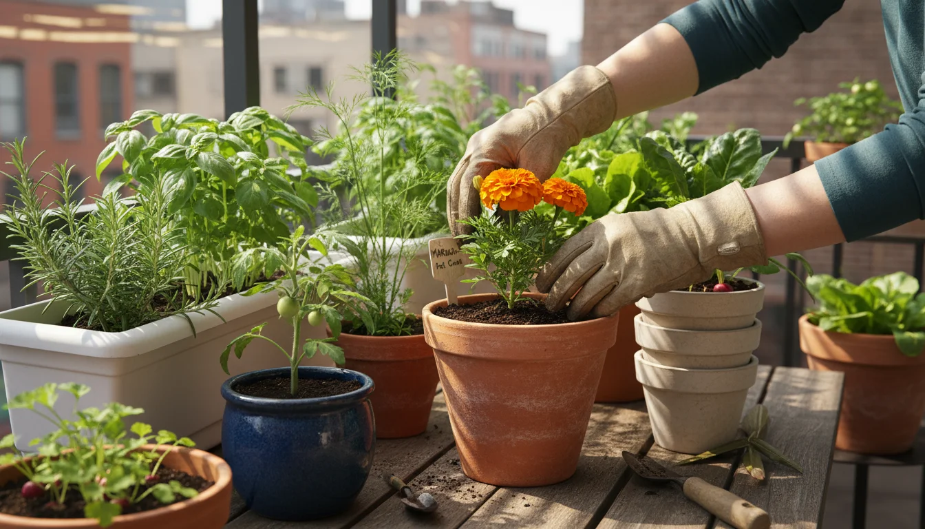 A gardener's hands planting a bright orange marigold seedling into a terracotta pot on a sunny patio, surrounded by other container plants.