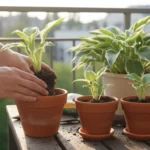 A gardener's hands potting a hosta division into a terracotta pot, with two more small pots of young hostas beside it on a balcony.