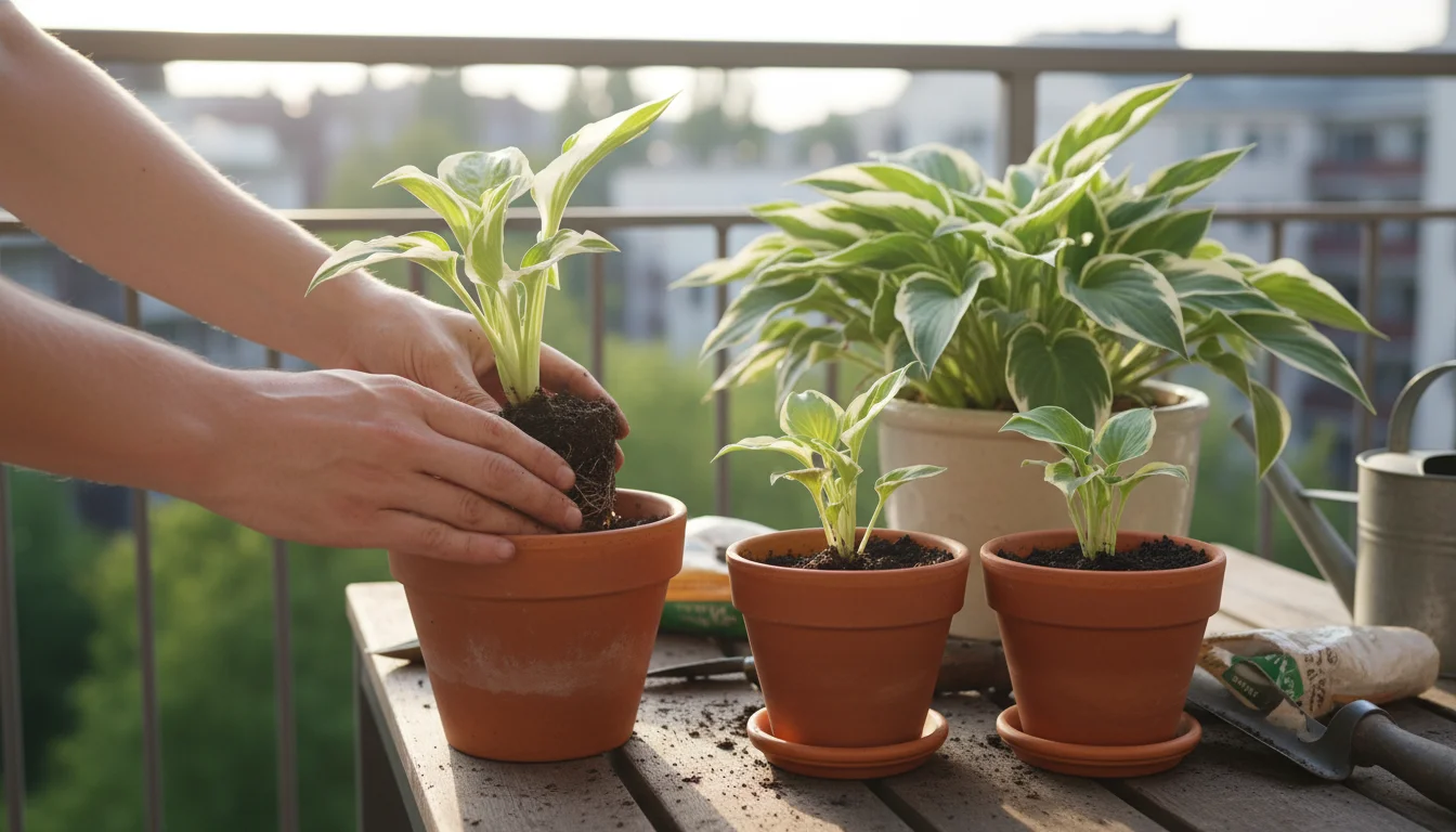 A gardener's hands potting a hosta division into a terracotta pot, with two more small pots of young hostas beside it on a balcony.