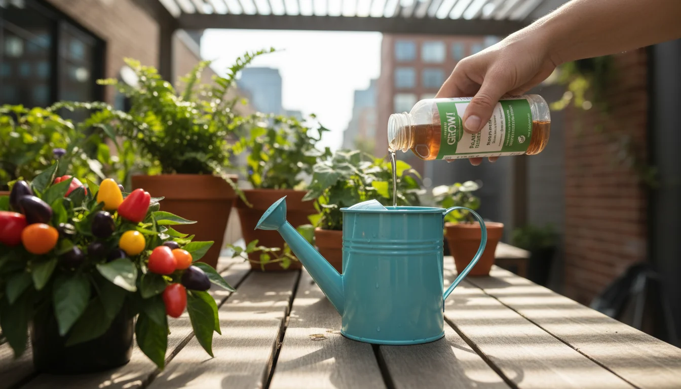 A gardener's hands pour liquid plant food into a blue watering can on a sunny patio, with a potted pepper plant nearby.