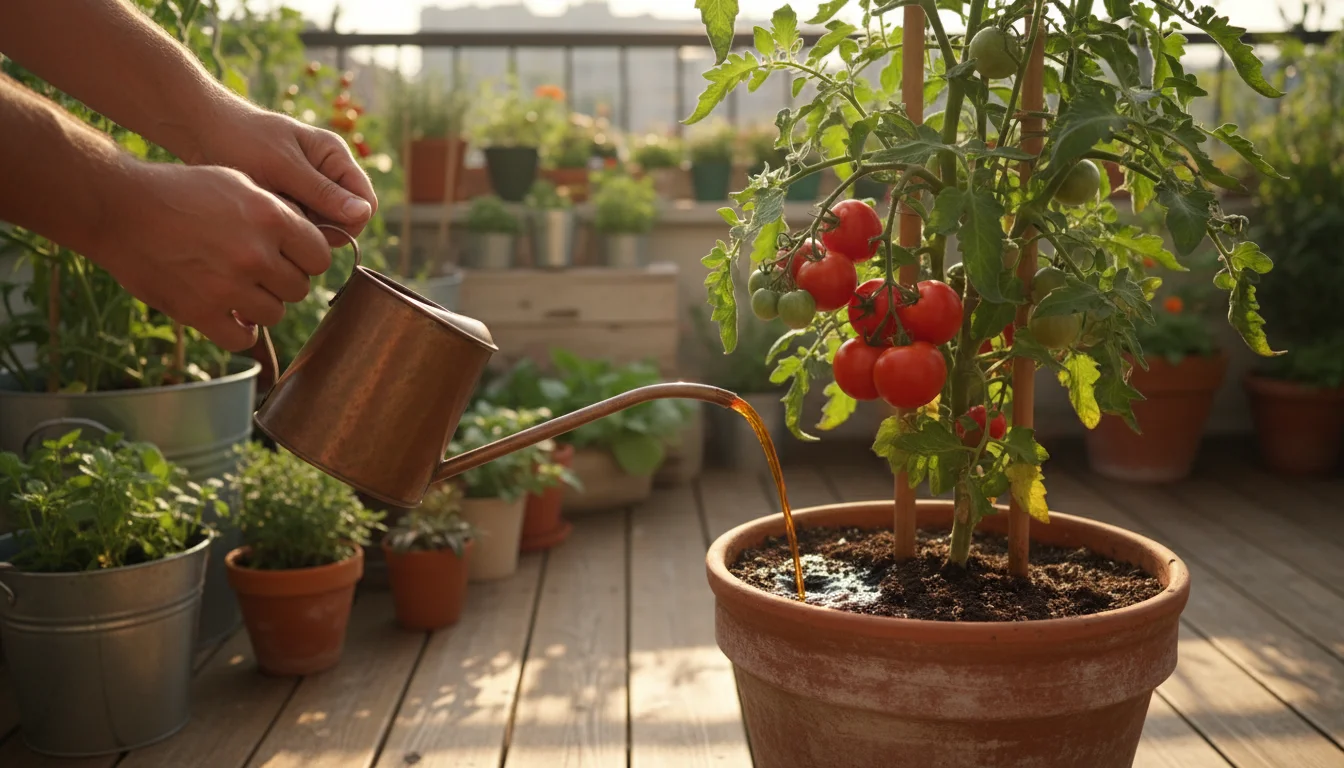 A gardener's hands pouring liquid fertilizer into a container tomato plant on a sunny balcony, surrounded by lush potted plants.