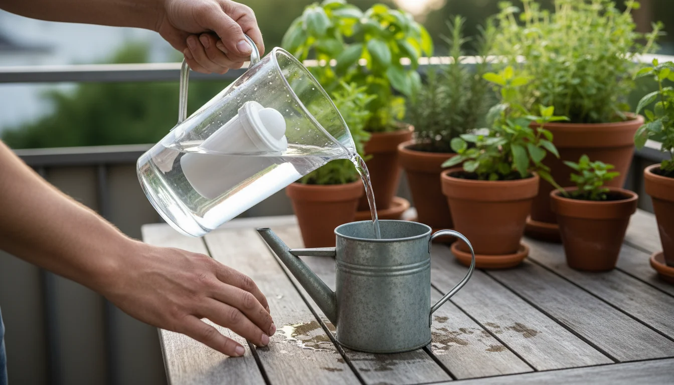 Gardener's hands pouring water from a filtered pitcher into a small watering can, on a wooden table with healthy herbs in terracotta pots.