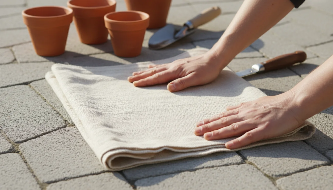 Gardener's hands prepare a patio workspace, smoothing a tarp with new terracotta pots and gardening tools arranged nearby.