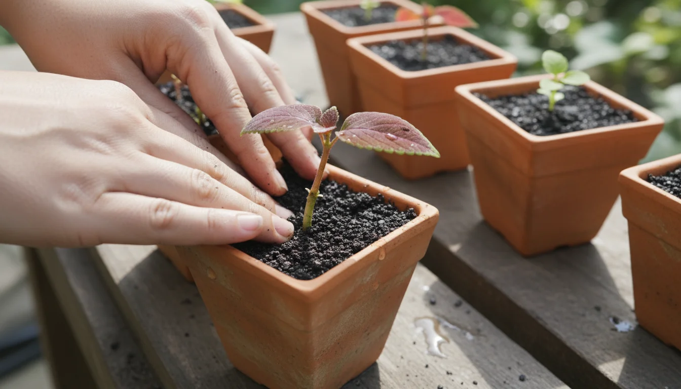 Gardener's hands gently press soil around a newly planted coleus cutting in a terracotta pot on a wooden table.