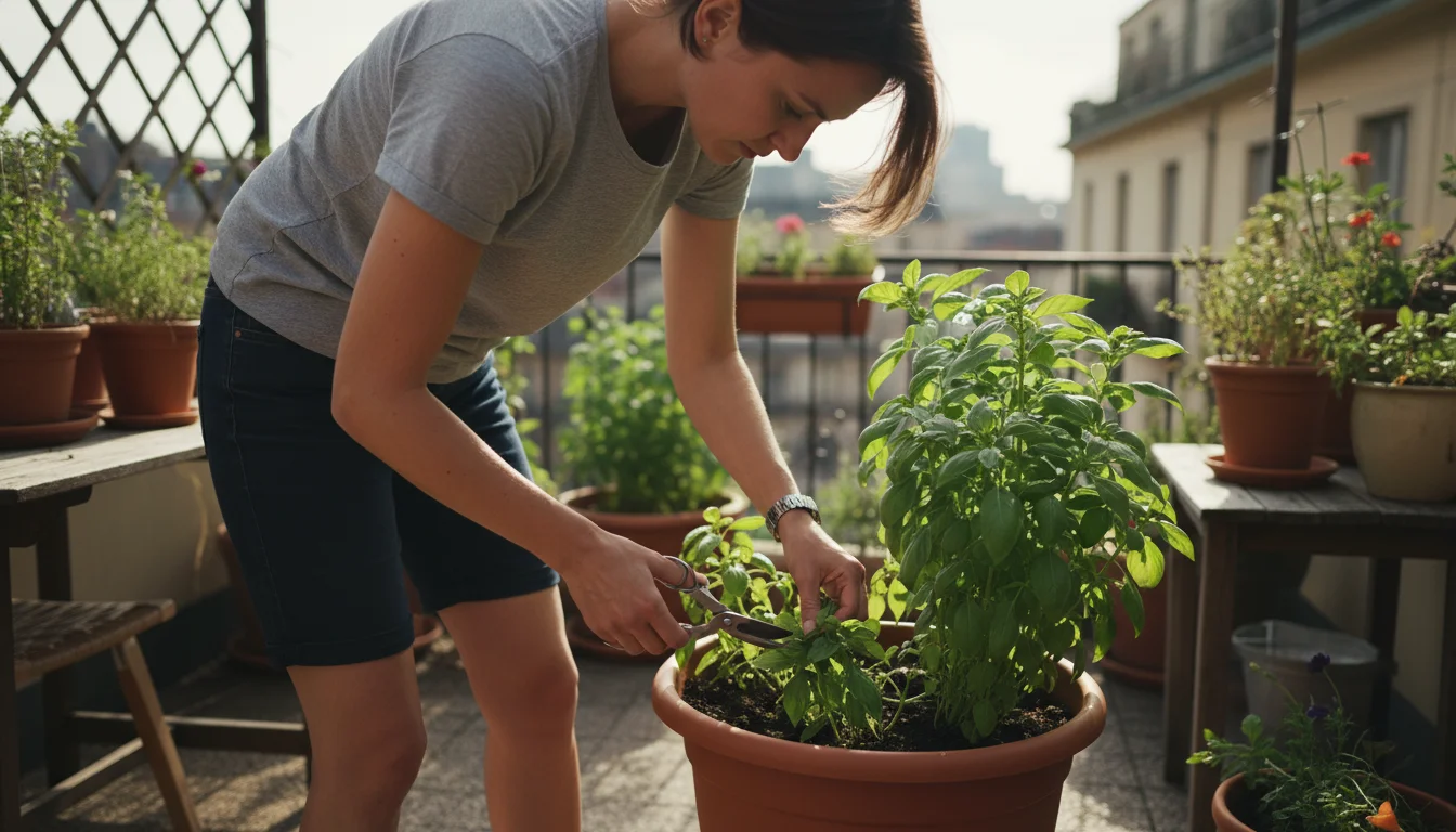 A gardener's hands gently prune dense leaves from a thriving container basil plant on a sunny urban balcony, thinning foliage for better airflow.