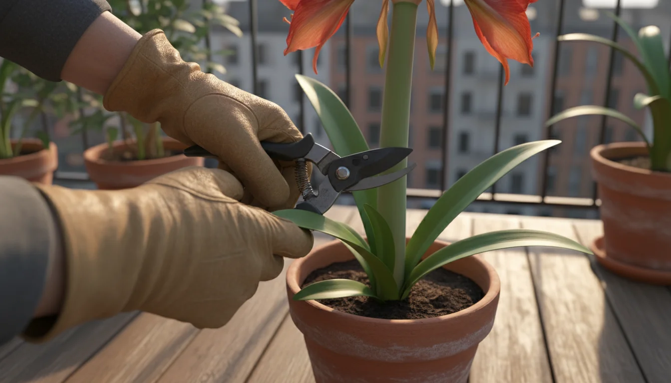 A gardener's hands prune a faded Amaryllis flower stalk an inch above the bulb in a terracotta pot, leaving green leaves.