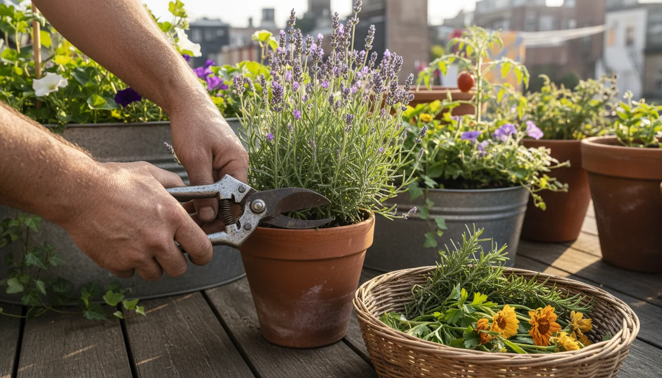 A gardener's hands gently prune lavender from a terracotta pot on a balcony, with a basket of harvested herbs nearby.