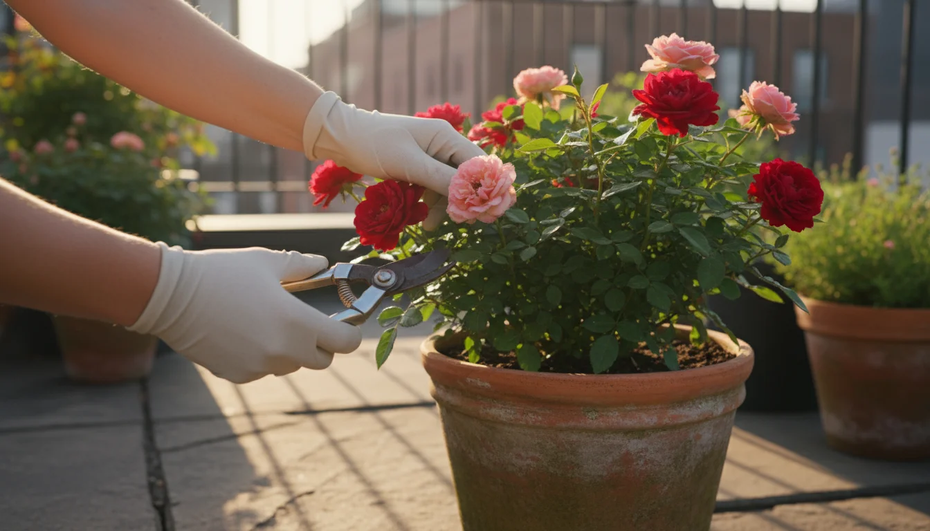 Gardener's hands gently prune a vibrant dwarf rose in a terracotta pot on a sun-dappled patio, showing proactive plant care.