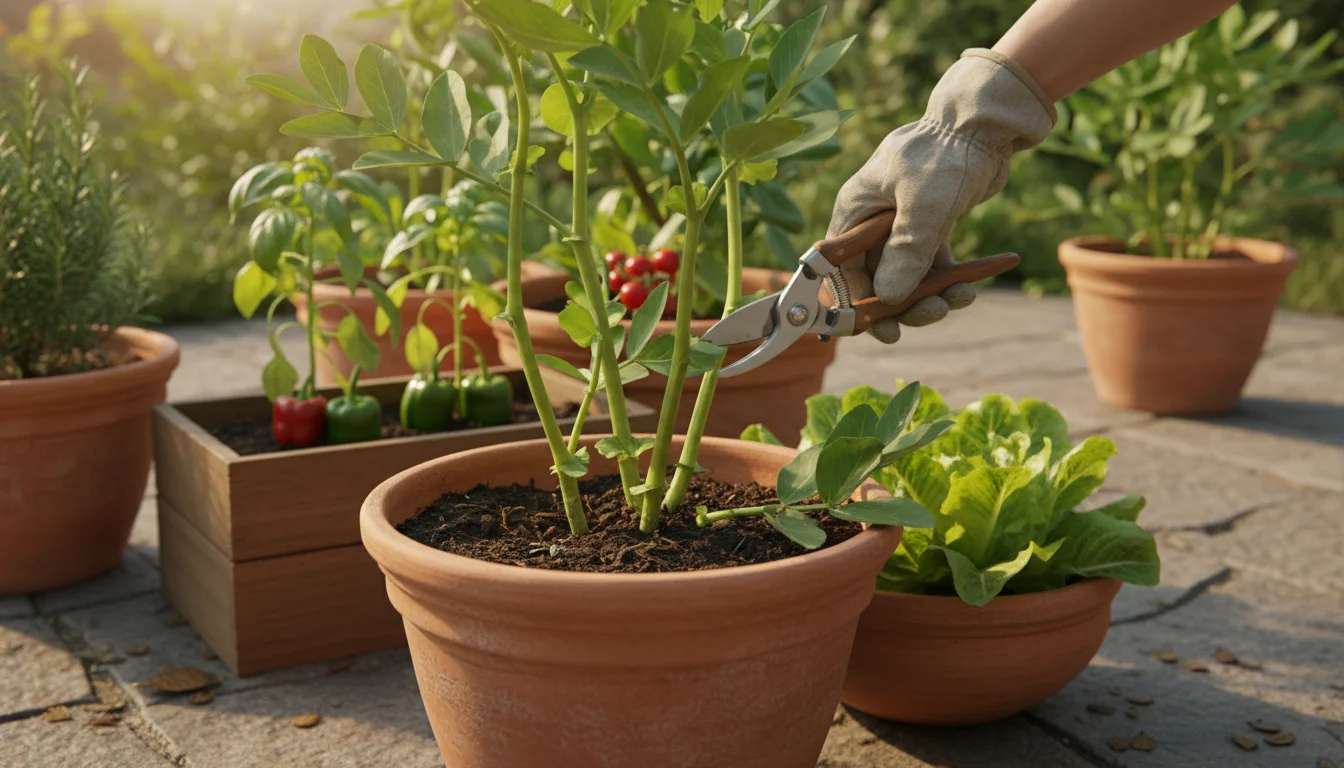 Gardener's hands with pruners cutting fava bean stalks, dropping them onto soil in a container garden on a sunny patio.