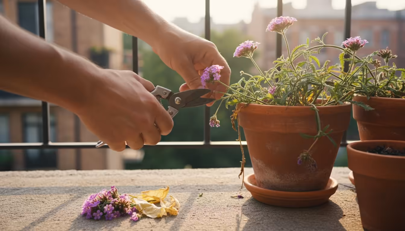Gardener's hands carefully pruning a slightly leggy container plant on a balcony, removing faded stems and yellowed leaves. Small shears visible.
