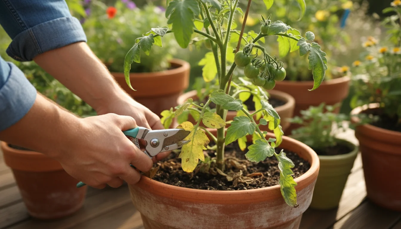 Gardener's hands pruning a subtly spotty, yellowing lower leaf from a container tomato plant on a sunny patio.