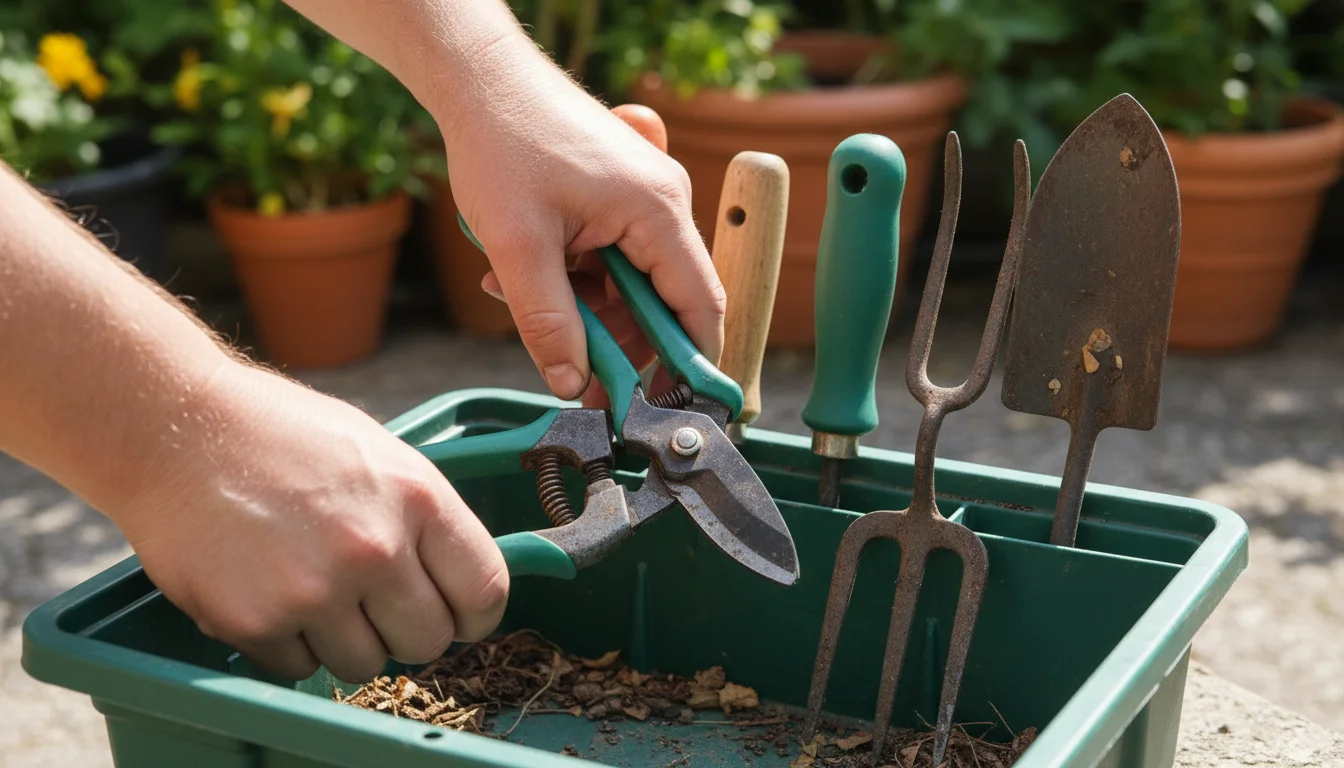 Gardener's hands pulling a well-used pair of bypass pruners from a plastic tool caddy on a weathered patio table, amidst blurred container plants.