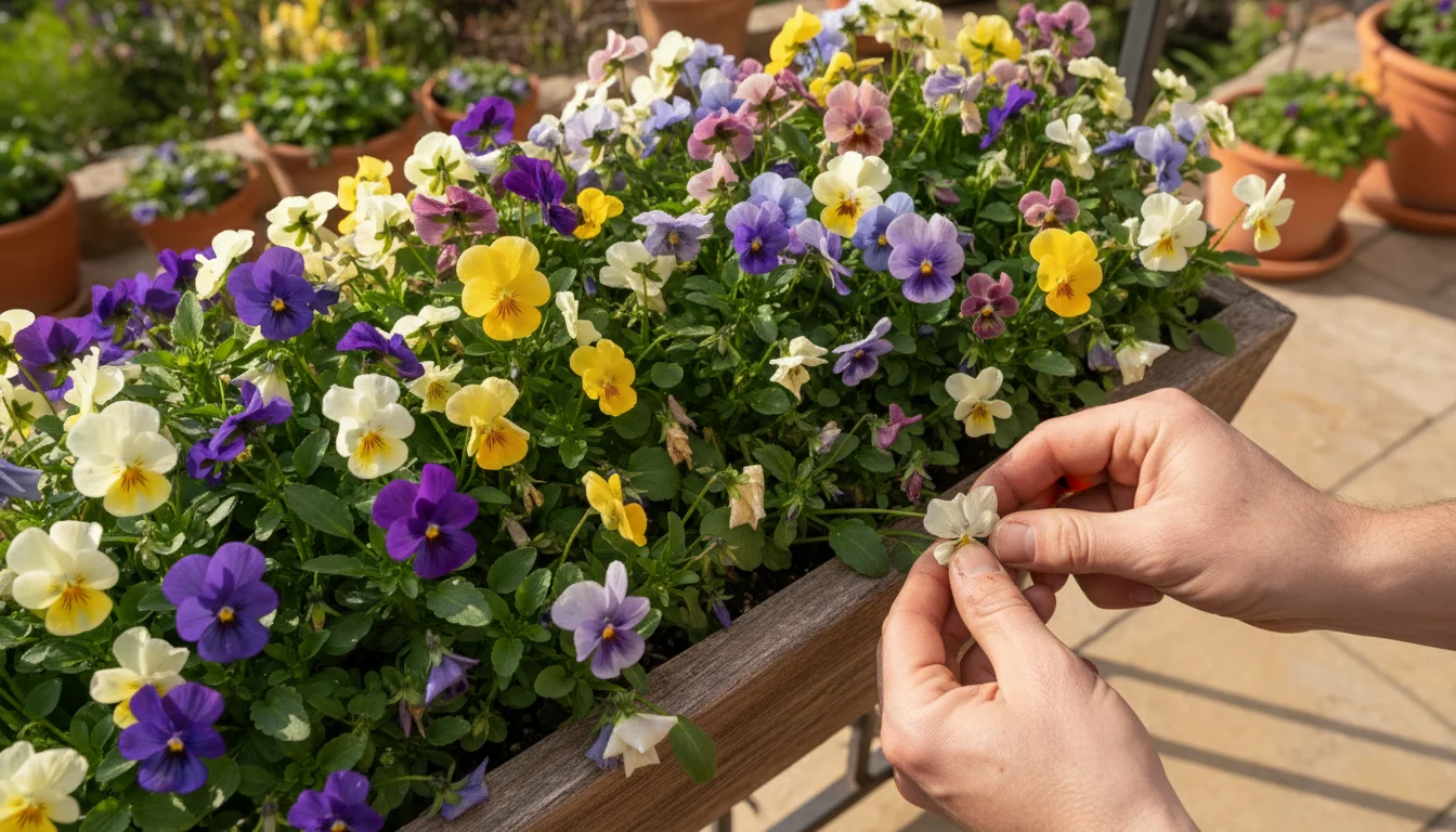 A gardener's hands gently remove a faded flower from a vibrant window box filled with healthy, colorful pansies and violas on a sunny patio.