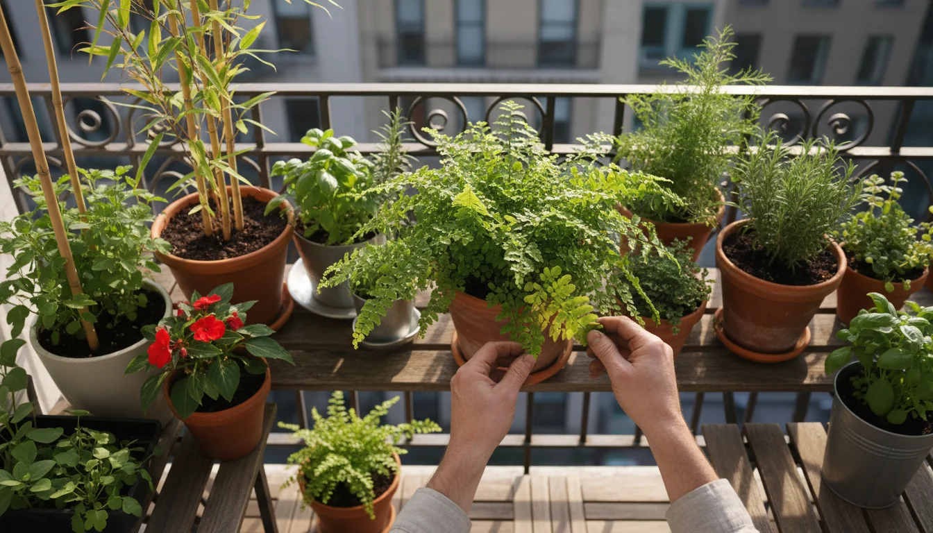 Gardener's hands remove a yellowing leaf from a potted plant on a tidy balcony garden, surrounded by healthy, well-spaced containers.