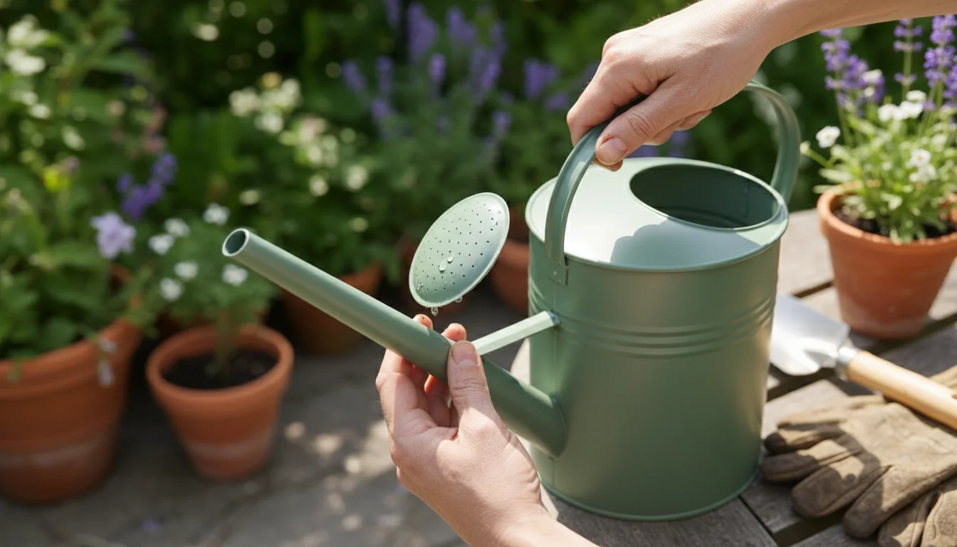 Gardener's hands removing a fine-rose attachment from a long-spouted, matte watering can over a blurred container garden.