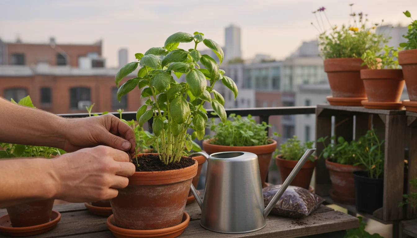 Gardener's hands gently removing a small weed from moist soil in a terracotta pot filled with basil on an urban balcony, a watering can nearby.