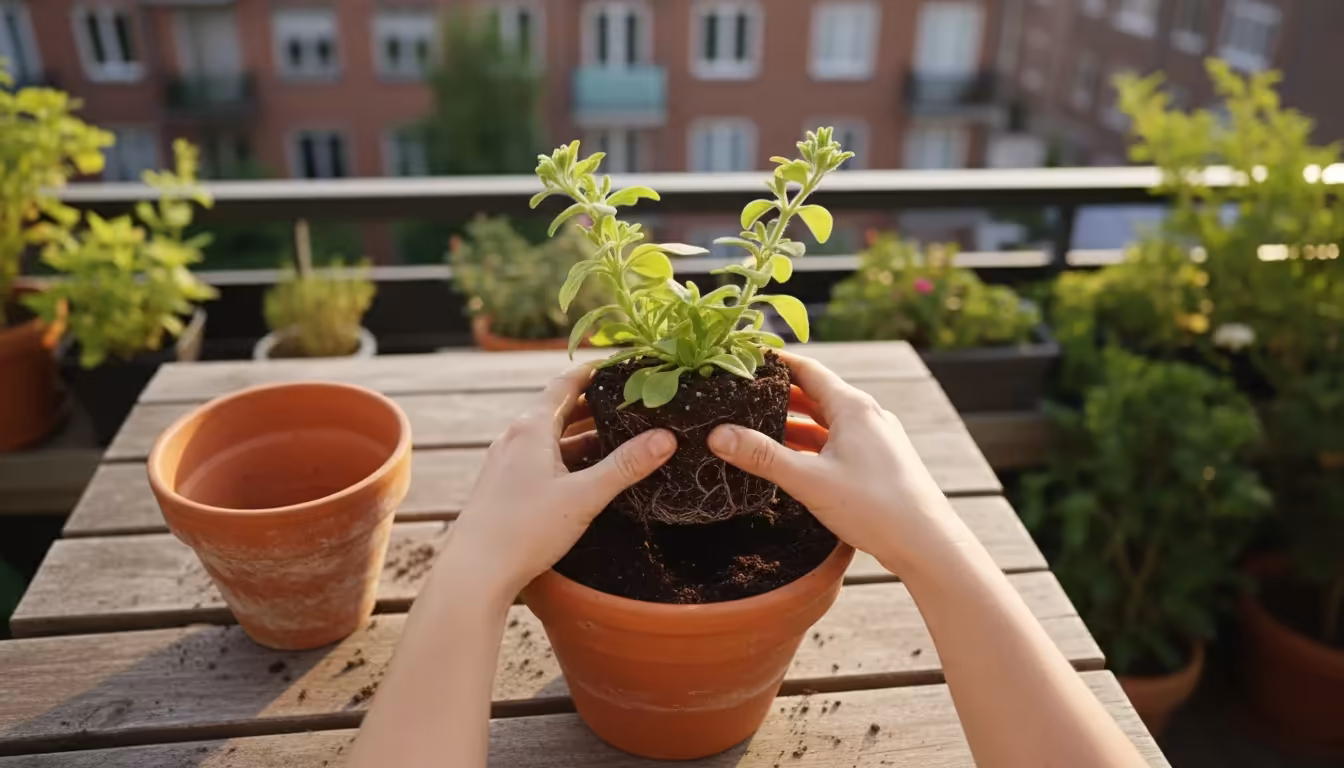 Gardener's hands repotting a root-bound petunia plant from a small pot into a larger one on a balcony table.