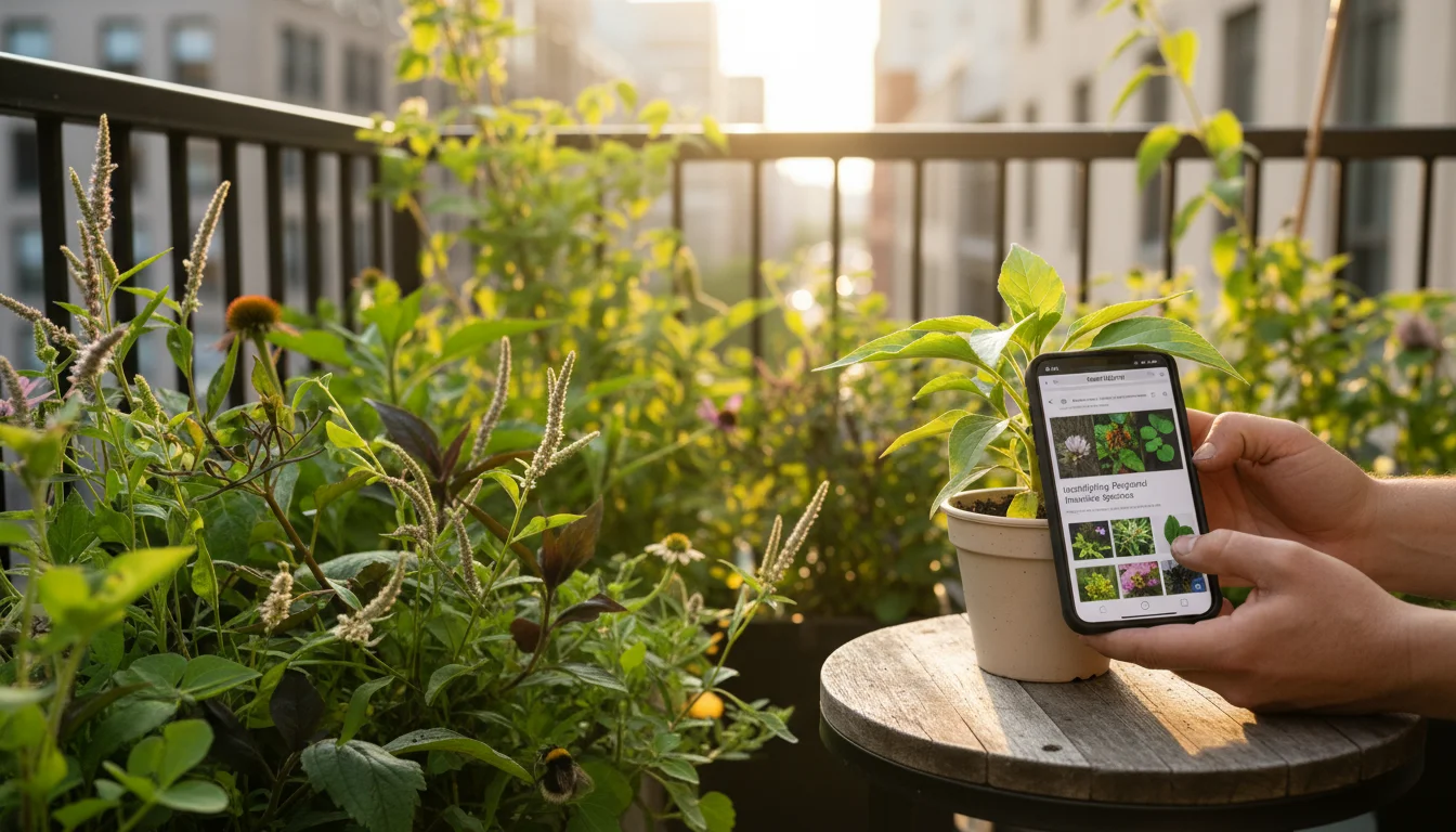 Gardener's hands researching a plant on a smartphone next to a small nursery pot, with a native succulent in the foreground on an urban balcony.