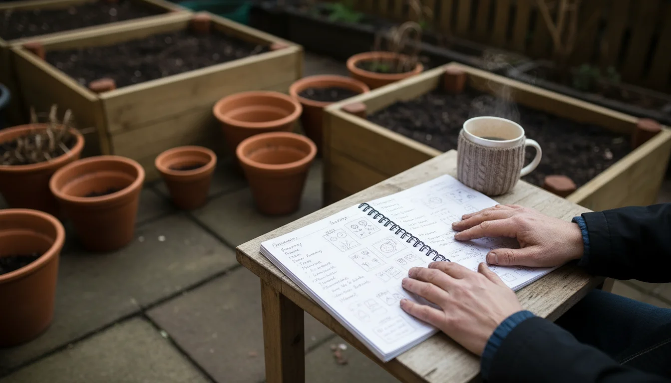 A close-up of a gardener's hands resting on an open garden planner on a simple wooden patio table. Dormant container plants are blurred in the backgro