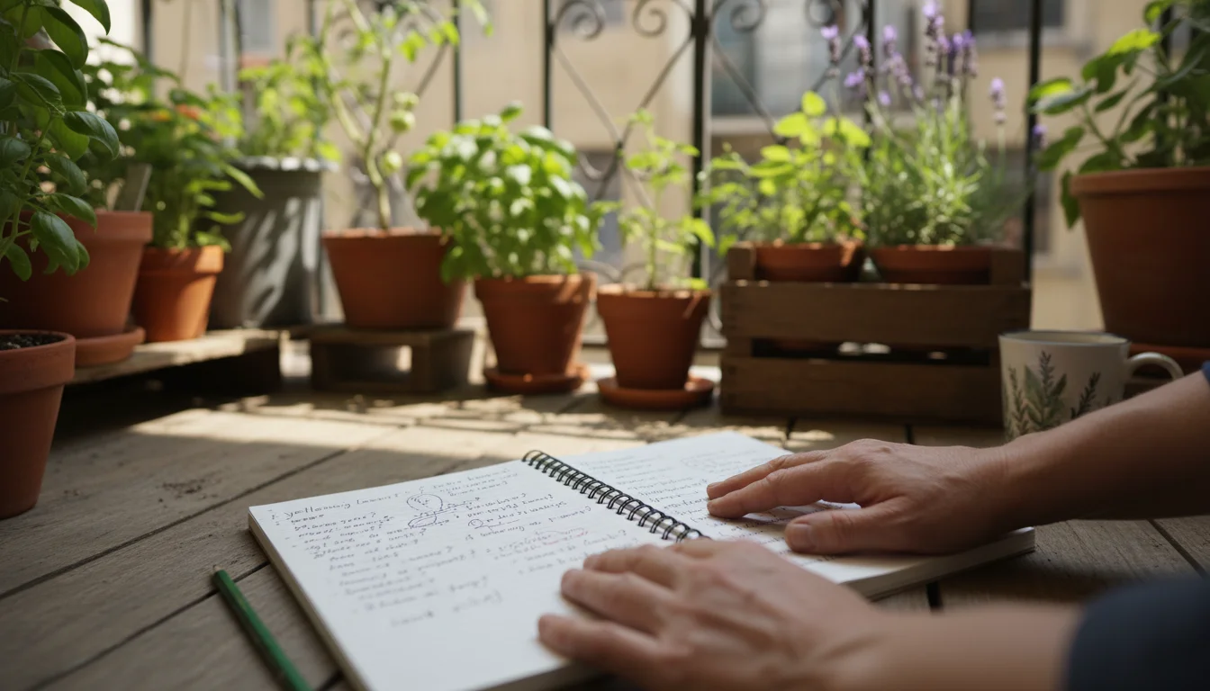 Gardener's hands resting on an open notebook with handwritten questions, soft-focused balcony container garden in background.
