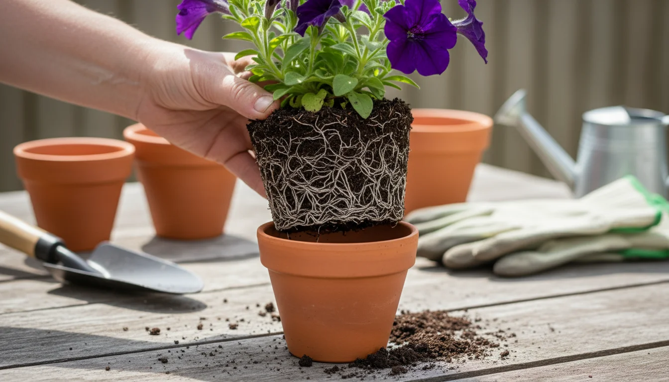 Gardener's hands revealing a plant's tightly root-bound ball as it's lifted from a small terra cotta pot, with a much larger empty pot waiting nearby