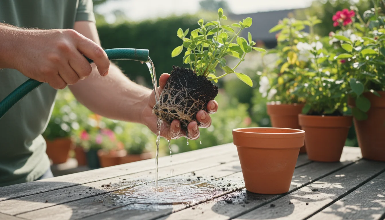Gardener's hands gently rinse a small plant's roots under a hose stream on a patio table, an empty pot waits nearby.