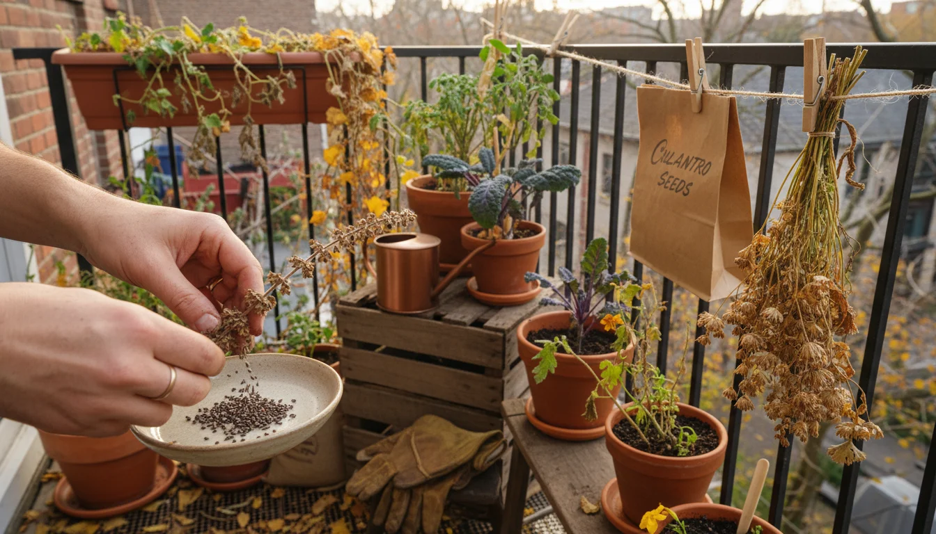 Gardener's hands rub dried basil seeds over a dish on a balcony, with cilantro stalks drying in a paper bag nearby.