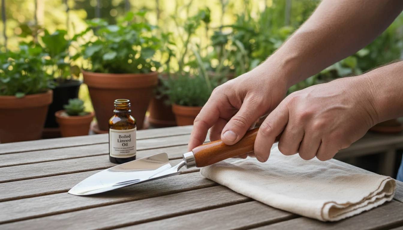 Close-up of a gardener's hands rubbing linseed oil into a wooden trowel handle on a rustic table, with a bottle of oil nearby.